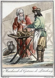 Placa del siglo XIX que representa a un hombre ruso, vendedor de pasteles en San Petersburgo