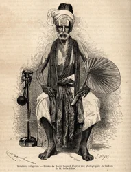Un mendigo religioso hindú. Grabado para ilustrar el viaje en las provincias meridionales de India, por Alfred Grandidier, en 1862-1864, publicado en “Le tour du monde” 1869, editado por Edouard Charton, edición Hachette, París. Colección Selva
