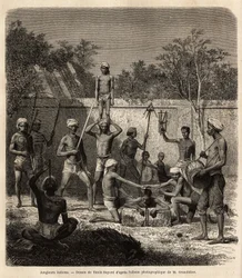Una banda de malabaristas indios. Grabado para ilustrar el viaje en las provincias meridionales de la India, por Alfred Grandidier, en 1862-1864, publicado en “Le tour du monde”, bajo la dirección de D