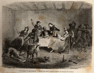 Un banquete en Lauramarca (Perú Inferior), un hombre rodeado de mujeres indias, es servido y mimado, mientras, aprovechando su distracción, sus sirvientes se enfrentan sin su conocimiento. Grabado para ilustrar el viaje en los valles de Quinquinas (Perú), 
