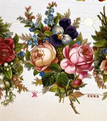 Un ramo mezclado con rosas, violetas. Cromolitografía del siglo XIX.