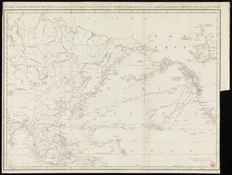 Carta del Océano Pacífico Norte que contiene la costa NE de Asia y la costa NO de América exploradas en 1778 y 1779 por el Capitán Cook y exploradas más lejos en 1788 y 1789 por John Meares (impresión)