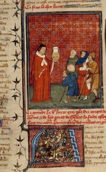 Un doctor examinando un frasco de orina frente a pacientes. Miniatura tomada de Barthelemy el Inglés