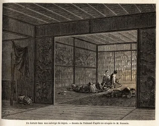 Un dormitorio en una posada en Japón. Grabado para ilustrar el viaje a Japón en 1863-1864, por Aime Humbert, ministro de la Confederación Suiza, en 