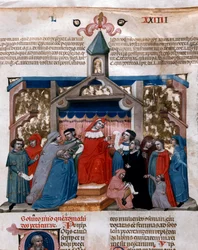Un abogado aplicando la Ley Miniatura tomada del Código de Justiniano, una colección de leyes e instituciones publicadas bajo el emperador romano Justiniano I de Bizancio