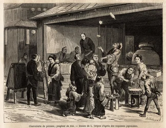 Una escena animada de una calle en Edo (Tokio), con un malabarista ambulante frente a una tienda de pescado, y un vendedor de telas baratas. Grabado para ilustrar el viaje a Japón, por Aime Humbert, ministro de la Confederación Suiza, en 1863-1864, publica