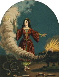 Un mago (bruja) preparando sortilegios con una varita mágica, un caldero y serpientes. Grabado de 1852