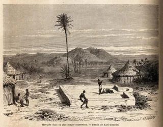 Una mezquita en su expresión más simple, en un pueblo cerca de Abu Hamed, en las orillas del Nilo. Grabado para ilustrar el viaje al Sudán oriental, en 1848-1860, de M. Tremmeaux, en “Le tour du monde, nouveau journal des voyages”, publicado bajo la direcc