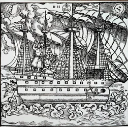 Un navegante en una carabela portuguesa usando un astrolabio. Grabado de las historias de viaje del navegante alemán Hans Staden
