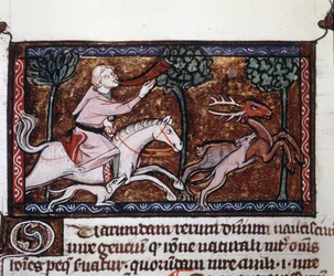 Un noble cazando un ciervo. Manuscrito del siglo XV
