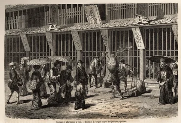 Una tienda de farmacia en Yedo (o Edo, actual Tokio), el farmacéutico trabaja con su ayudante ante los ojos del público, protegido por una rejilla de laca de madera, frente a la cual los barqueros esperan en la calle para ser atendidos y luego pagan pasand