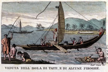 Una canoa polinesia en Tahití. A bordo una carga de coco y frutos del árbol del pan. Litografía del siglo XIX