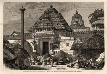 Un paseo popular frente a la puerta principal de la Pagoda Djaghernaut (construida alrededor de 1200), una ciudad sagrada y sitio de peregrinación en el sur de Bengala. Grabado para ilustrar el viaje en las provincias meridionales de India, por Alfred Gran