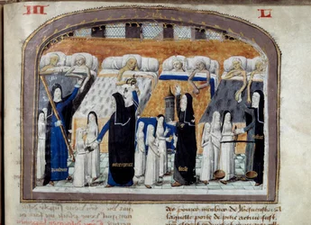 Una sala del Hôtel-Dieu en París llena de enfermos asistidos por las monjas. Cada monja simboliza una virtud necesaria para la asistencia de los enfermos: prudencia, fortaleza, justicia. Miniatura de un manuscrito de 1482. París. Museo de la Asistencia Púb
