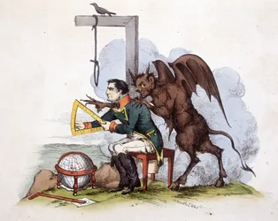 Una escena en la Isla de Elba: Napoleón frente a una horca con el diablo - en "Napoleon 1st, caricatures, dummy collection", c. 1814