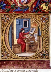Un erudito - en la pared, una de las primeras representaciones de un péndulo (letra "g"). Manuscrito del siglo XV