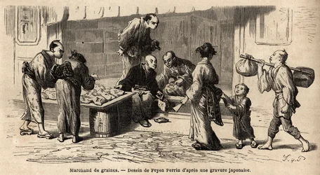 Un vendedor de semillas en medio de la calle. Grabado para ilustrar el viaje a Japón, en 1863-1864, por Aime Humbert, ministro de la Confederación Suiza, en “Le tour du monde, nouveau journal des voyages” publicado bajo la dirección de Edouard Charton