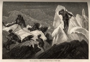 Un trineo y su tripulación perdidos en los Hummocks, bloques de hielo que animan la superficie del hielo. Grabado para ilustrar el viaje al mar libre del polo Ártico, por el Doctor Hayes, cirujano de la Marina de los Estados Unidos, en 1860-1862, publicado
