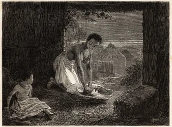 Una mujer moliendo grano en un quemador, el molino consiste en un bloque estacionario de granito en forma de canal y una pieza de cuarzo convexa. Grabado para ilustrar los primeros viajes del Dr. Livingstone al sur de África de 1840 a 1856, en “Le tour du 