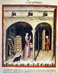 Una joven recoge huevos de gallina. Iluminación del libro de medicina y dietética “Tacuinum sanitatis”