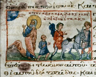 Abraham recibe la orden de Dios de ir al Monte Moriah para sacrificar a su hijo Isaac. Miniatura del “Codex de l