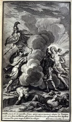 Aquiles, cubierto con sus nuevas armas, habiendo atacado rigurosamente a los troyanos, se lanza con furia sobre Héctor, a quien estaba listo para matar por su resentimiento, pero Apolo lo cubre con una espesa nube y lo libera de este peligro. Ilustración d