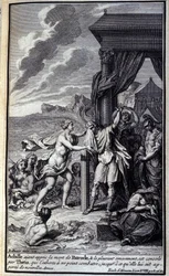 Aquiles, al enterarse de la muerte de Patroclo y llorarlo amargamente, es consolado por Tetis, quien le exhorta a no luchar hasta que le traiga nuevas armas. Ilustración del libro XVIII de la Ilíada de Homero, edición francesa