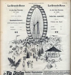 Publicidad para la noria en París que ofrece el panorama más hermoso de la ciudad por 1 franco. Grabado en "Le sun-du-dimanche"