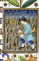 Representación alegórica de marzo. Un hombre cortando arbustos. Miniatura de un manuscrito del siglo XIV.