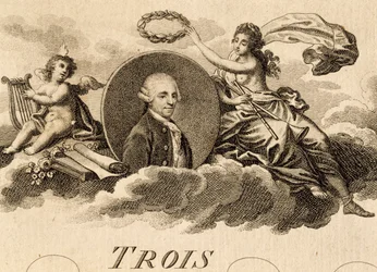 Alegoría de Franz Joseph Haydn (1732-1809) en la portada de la partitura para Tres cuartetos, Opus 75, Libro I