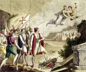 Alegoría del despertar del sentimiento nacional griego bajo la dominación otomana, que condujo a la Guerra de Independencia de Grecia (1821-1830), también llamada Revolución griega.