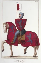 Amaury VI, Conde de Montfort (v.1192-v. 1241), perdió parte de las conquistas de su padre Simón IV el Fuerte y cedió sus derechos al Sur al Rey de Francia, Luis VIII. Grabado de 1830.