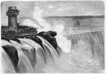 Jenkins americano cruzando las Cataratas del Niágara en un velocípedo en 1869