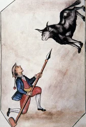 Un indio apuntando con su lanza a un toro, del libro "Trujillo del Perú" o "Códice Martínez Compañón", por Baltazar Martínez Compañón y Bujanda, obispo de Trujillo (1782-1785)