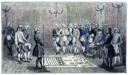 Una logia de aprendices en París, circa 1740: esta escena representa la recepción de un 