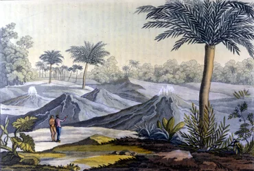 Un hombre indígena muestra a Humboldt los vulcancitos cerca de Turbaco en Ecuador. Del libro de Alexander Von Humboldt