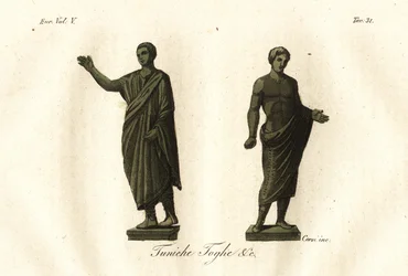 Estatuas etruscas antiguas que muestran a hombres vistiendo la toga, túnica, calzari (zapatos), etc.