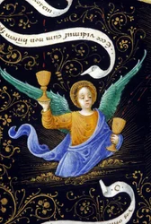 Ángel sosteniendo dos cálices. Miniatura de Belbello da Pavia