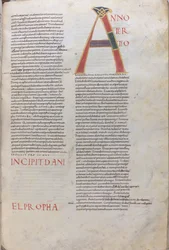 Anno tertio: Incipit Daniel Propha.Incipit del Libro del Profeta Daniel, siglo XI (miniatura, manuscrito membranoso)