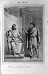 Antígona Acto II, escena 1. Tragedia italiana de Vittorio Alfieri escrita en 1783 después de la mitología griega. Grabado del siglo XVIII