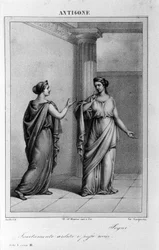 Antígona Acto I, escena 3. Tragedia italiana de Vittorio Alfieri escrita en 1783 después de la mitología griega. Grabado del siglo XVIII