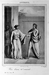 Antígona Acto I, escena 3. Tragedia italiana de Vittorio Alfieri escrita en 1783 después de la mitología griega. Grabado del siglo XVIII