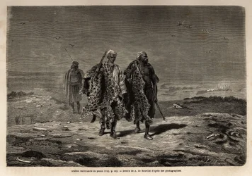 Beduinos árabes, comerciantes de pieles de pantera y lana de oveja, en ruta hacia el mercado de Bagdad (Irak). Grabado para ilustrar el viaje a Babilonia, en 1866, por Guillaume Lejean, en “Le tour du monde, nouveau journal des voyages” publicado bajo la d