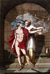 Ariadna da a Teseo el hilo para que pueda salir del laberinto - en Dizionario mitologico
