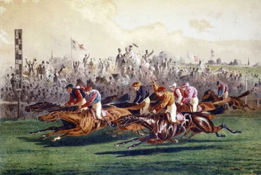 Llegada de una carrera de caballos. Ilustración del siglo XIX.