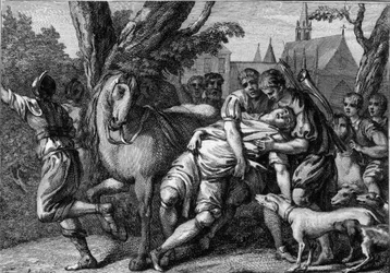 Asesinato de Chilperico I (539-584), rey de Neustria, ordenado por su esposa, la reina Fredegunda (ca. 545-597), 584. Grabado del siglo XVIII.