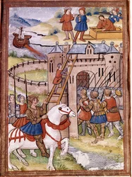 Asalto a un castillo. Episodio de la Guerra de los 100 Años. Manuscrito del siglo XVI. Biblioteca Victoria y Alberto, Londres