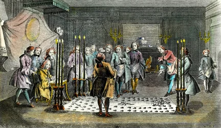 Asamblea de francmasones para la recepción de maestros Grabado alrededor de 1750 Colección privada