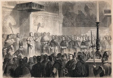 Audiencia dada por el Papa Pío IX (1792-1878) a eclesiásticos extranjeros en la Capilla Sixtina en Roma con motivo de las celebraciones de la canonización de los 26 "mártires de Japón", un grupo de católicos crucificados en Japón en 1597.