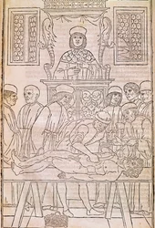 Autopsia. El cuerpo de un hombre muerto disecado por médicos para un estudio de anatomía. "Fascicula Medicinae". Códice de un fascículo médico de Johannes Kethan